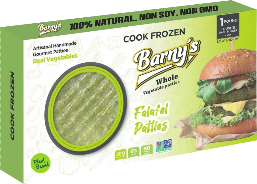 Barny’s Falafel Patties – retail box Barny's Falafel Patties retail box, 1 lb, four 4 oz patties